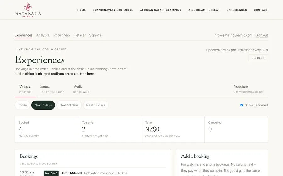 Matakana Retreat experiences dashboard, with bookings, takings and a form for walk-ins