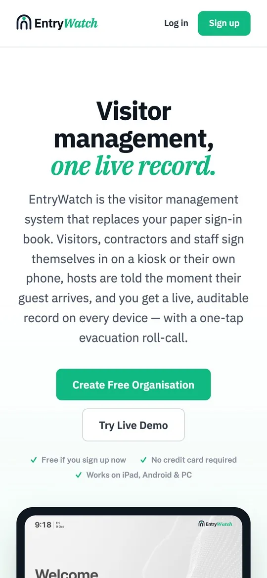 The EntryWatch website on a phone