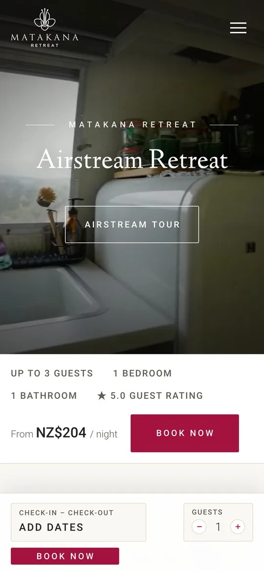 Matakana Retreat website on a phone