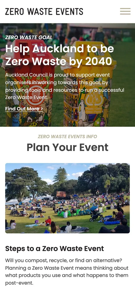 The Zero Waste Events website on a phone